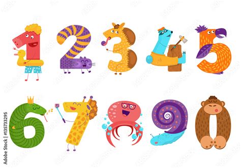 Set of cartoon animal numbers in flat style design. Collection o Stock ...