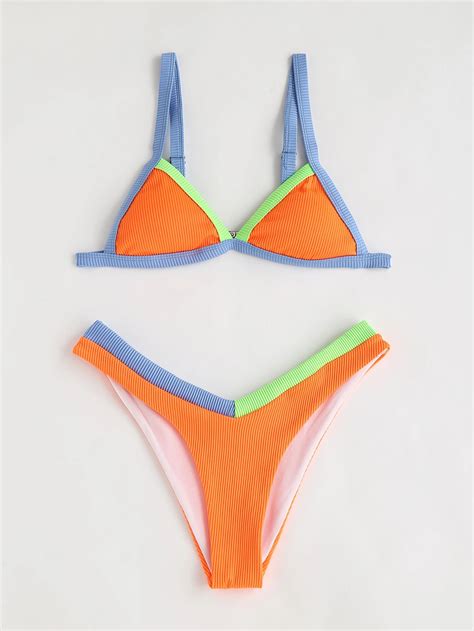 Bañador bikini triángulo de color combinado Naranja Yaxa Store