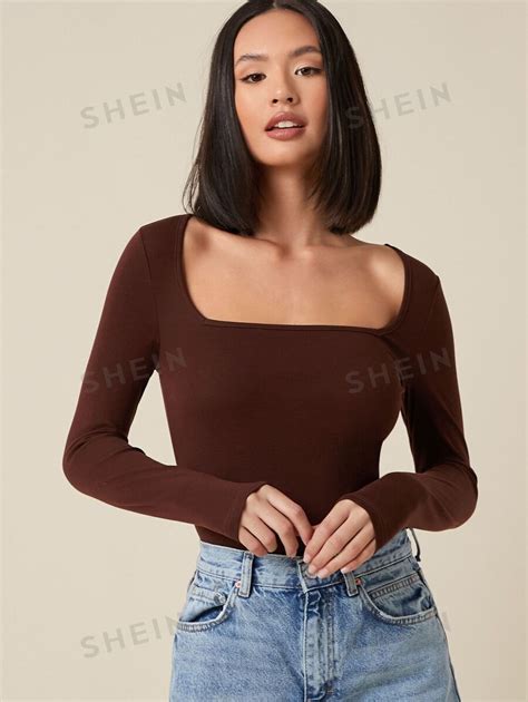 Shein Basics Cotton Square Neck Form Fitted Tee Shein Usa