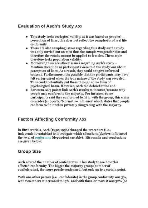 Evaluation of Asch’s Study AO3 - Evaluation of Asch’s Study AO This study lacks ecological - Studocu