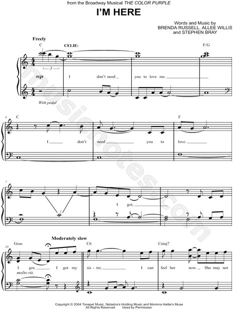 Im Here From The Color Purple [musical] Sheet Music Easy Piano