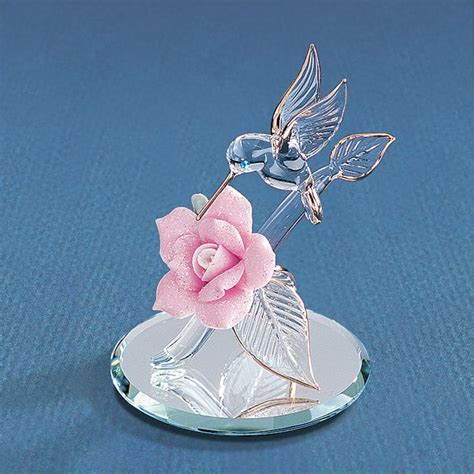 Glass Baron Small Hummingbird on Porcelain Rose Branch Glass Figurine ...