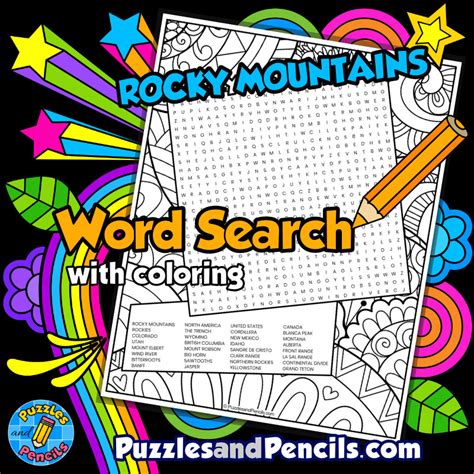 Rocky Mountains Word Search Puzzle Activity Page With Coloring World