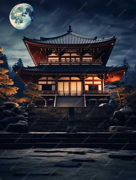 Premium AI Image | a temple in the night sky with a full moon in the ...