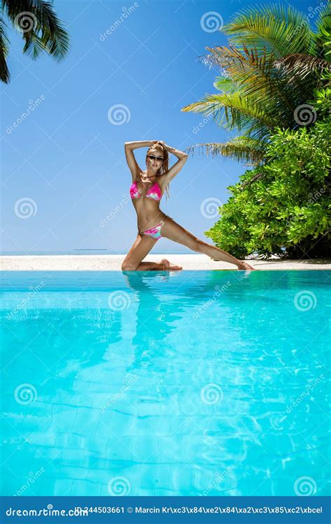 Bikini Body Woman Playful On Paradise Tropical Beach Having Fun Playing