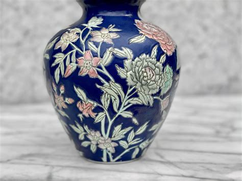 Vintage Porcelaine Chinoise Cobalt Bleu Motif Floral Vase Etsy