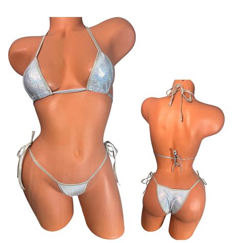 Sparkly Silver Micro Bikini Set Holographic Triangle Top Tie Side