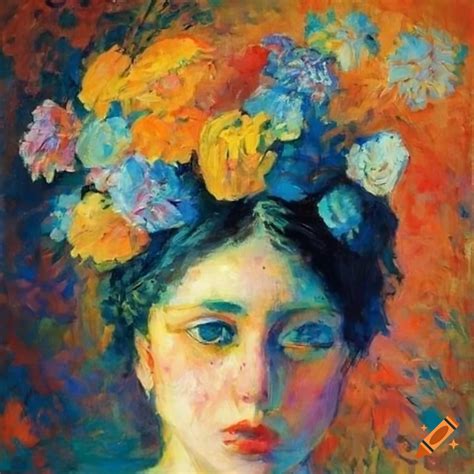 Impressionism Painting Of A Woman S Head With Flowers On Table