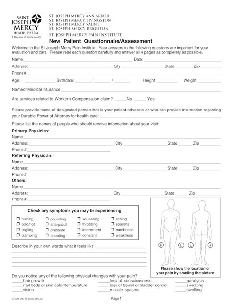 Fillable Online New Patient Questionnaire Assessment St Joseph Mercy