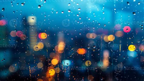 Ai Generated Raindrops On Glass With City Lights Bokeh Effect Abstract