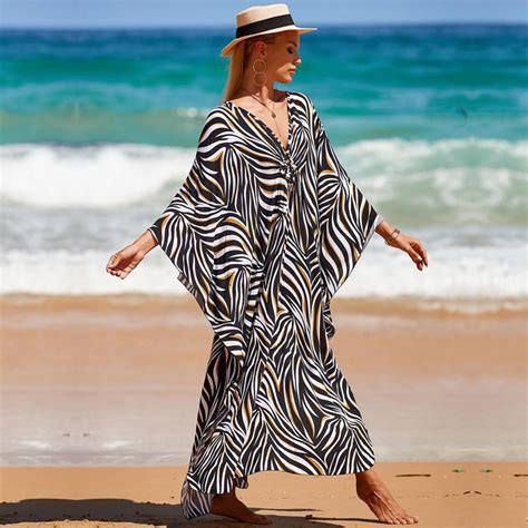 Cheap 2022 Sexy Zebra Striped Bikini Cover Ups Casual V Neck Side Split