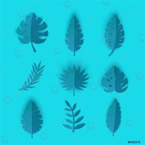 Set Of Blue Summer Tropical Leaves In Paper Cut Style Stock Vector