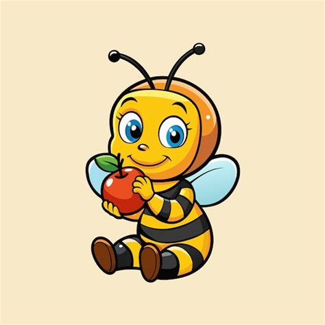 Cute Baby Honey Bee Eating Apple Cartoon Illustration Premium Ai