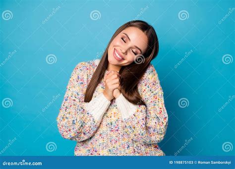 Photo Of Attractive Overjoyed Lady Good Mood Straight Hairdo Hold Hands