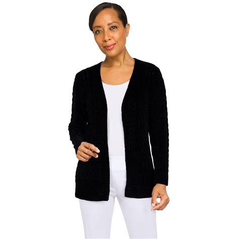 Alfred Dunner Womens Open Front Chenille Cardigan With Pockets