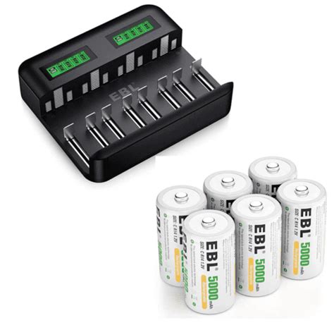 Ebl 5000mah Size C Rechargeable Batteries 6 Pack 8 Bay Lcd Battery Charger For Ni Mh Aa Aaa