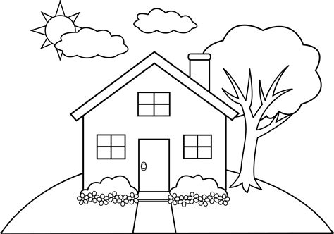 Line Art of a Little Hill House - Free Clip Art