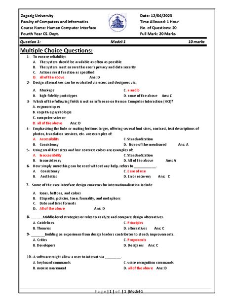 HCI Midterm 2 With Answers P A G E 1 O F 1 Model Zagazig