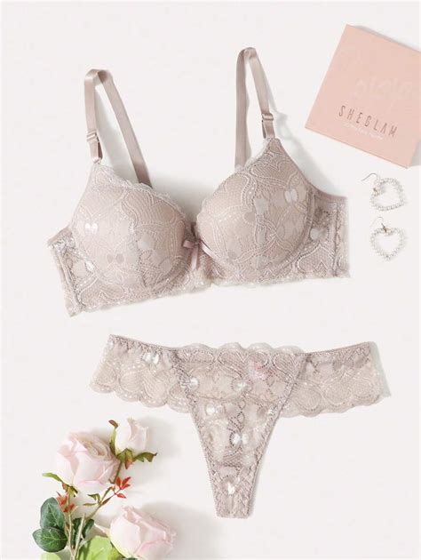 Floral Lace Underwire Bra Panty Lingerie Set Shein Eur