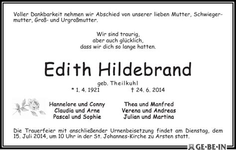 Traueranzeigen Von Edith Hildebrand Trauer Gedenken