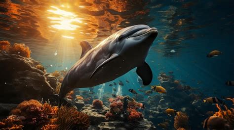 Premium Ai Image Charming Dolphin Playing At Coral Reef Underwater