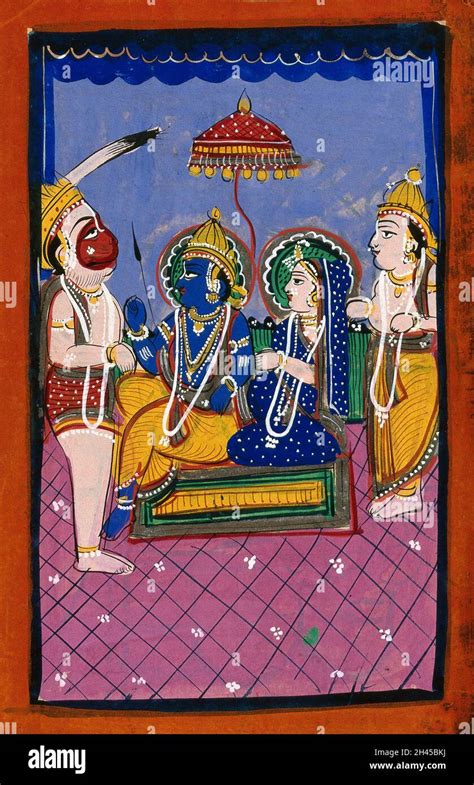 Hanuman before Rama and Sita and attendant. Gouache drawing Stock Photo - Alamy