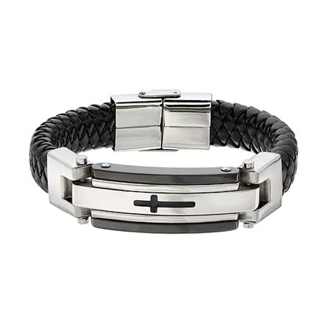 Focus For Men Stainless Steel And Leather Mens Cross Bracelet