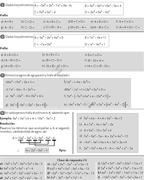 20 Ejercicios De Suma Y Resta De Polinomios
