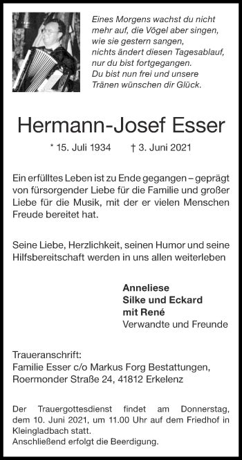 Traueranzeigen Von Hermann Josef Esser Aachen Gedenkt