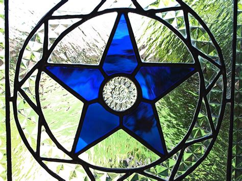 Stained Glass Panel Clear With Blue Star Texas Star Vintage Etsy