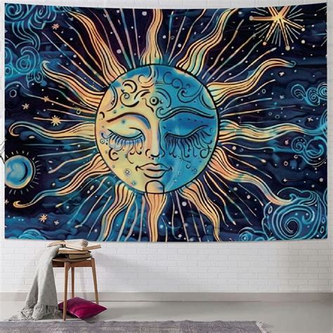 Nawypu Burning Sun Moon Tapestry With Star Mystic Art Bohemian Wall