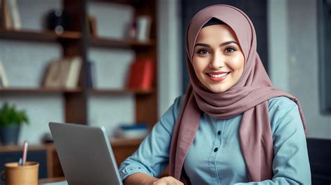 Muslim Woman Wearing Hijab Happy Smiling Face Sitting Working With