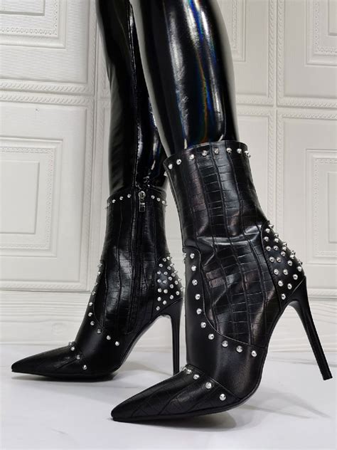 Women Black Mid Calf Boots PU Leather Pointed Toe Rivets Sky High