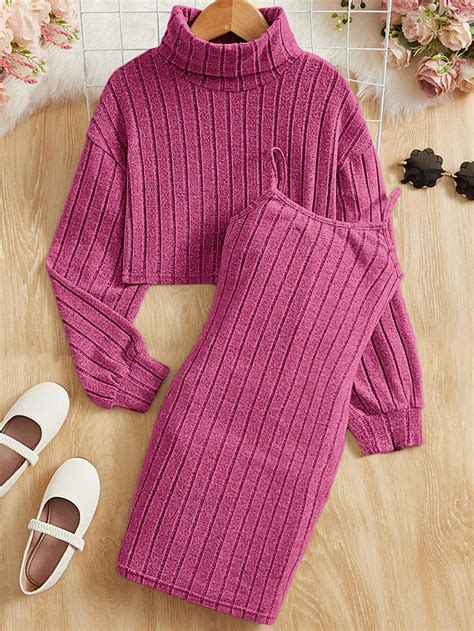 SHEIN Kids FANZEY Girls Turtleneck Drop Shoulder Crop Top & Dress ...