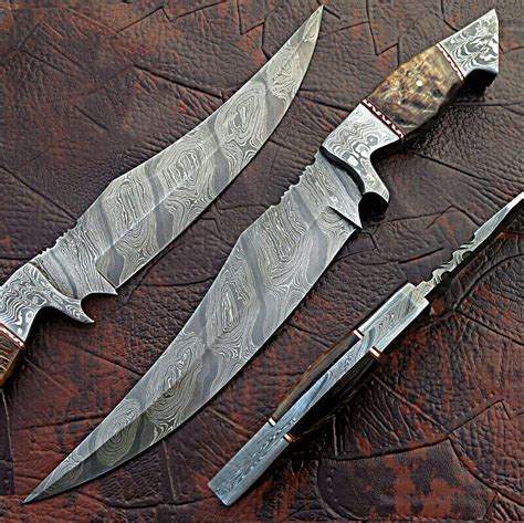 Handmade Damascus Steel Bowie Knife With Colored Bone Handle Bw