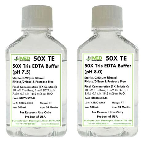 50x Te Tris Edta Buffer Ph 75 And Ph 80 Sterile Filtered Dnasernase Free Med Biosciences