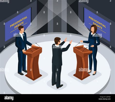 Isometric Presidential Debates Concept With Male And Female Candidates