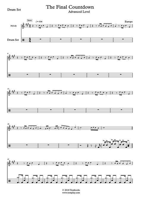 The Final Countdown Advanced Level Europe Drums Sheet Music