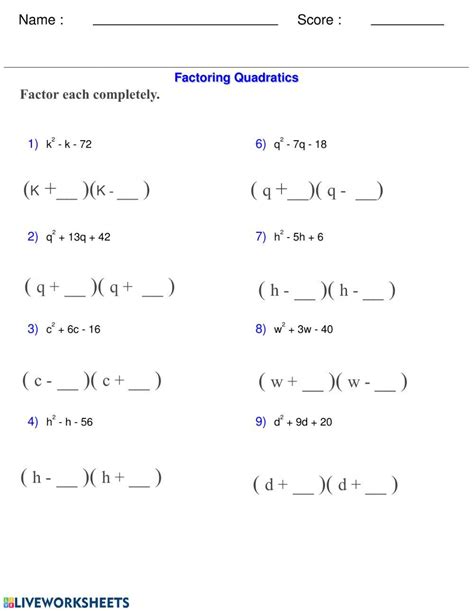 Factor Quadratics Worksheets Printable Online Answers Examples