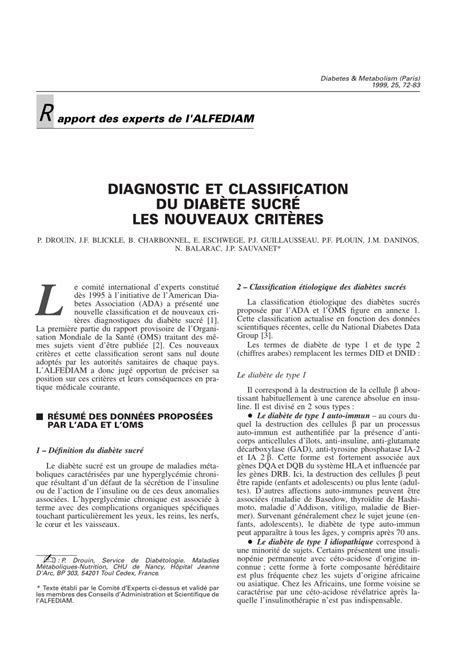 Pdf Diagnostic Et Classification Du Diabete Sucre Les Nouveaux Criteres