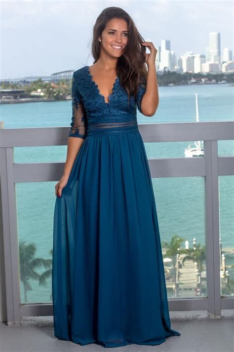 Teal V Neck Maxi Dress With Mesh Embroidered Sleeves Maxi Dress