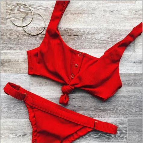 Sexy Knotted Scoop Ribbed Women Bikini Set Solid Button Bathing