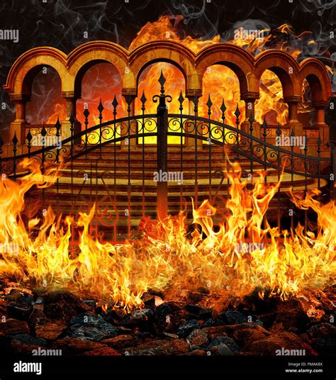 Fantastic hell entrance with gates, stairs and portal like columns covered in flames and smoke ...