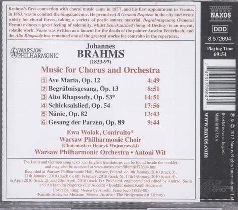 JOHANNES BRAHMS Choral Music Alto Rhapsody Gesang Der Parzenb CD