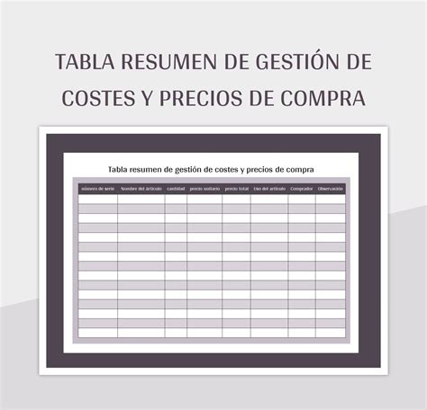 Plantilla De Excel Tabla Resumen De Gesti N De Costes Y Precios De