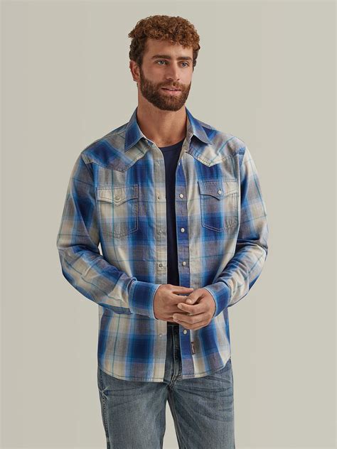 Mens Wrangler Retro® Premium Long Sleeve Western Snap Plaid Shirt