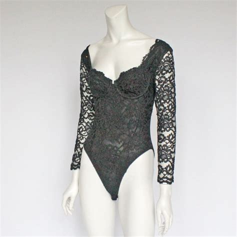 70s Victorias Secret Black Lace Body Suit Long Sle… Gem