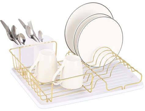 Buruis Dish Drying Rack Gold Dish Drainer Organizer Includes Removable Drain Board And Utensil