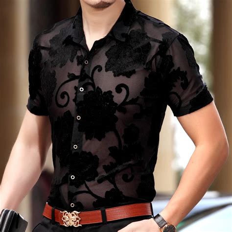 New Summer Fashion Men Hollow Floral Shirt See Through Short Sleeve Clothes Sexy Male