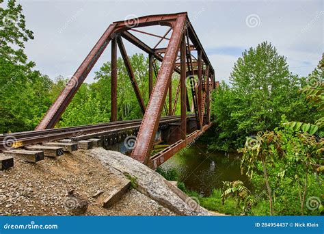 Rusty Iron Railroad Bridge Heart Of Ohio Trail With Kokosing River